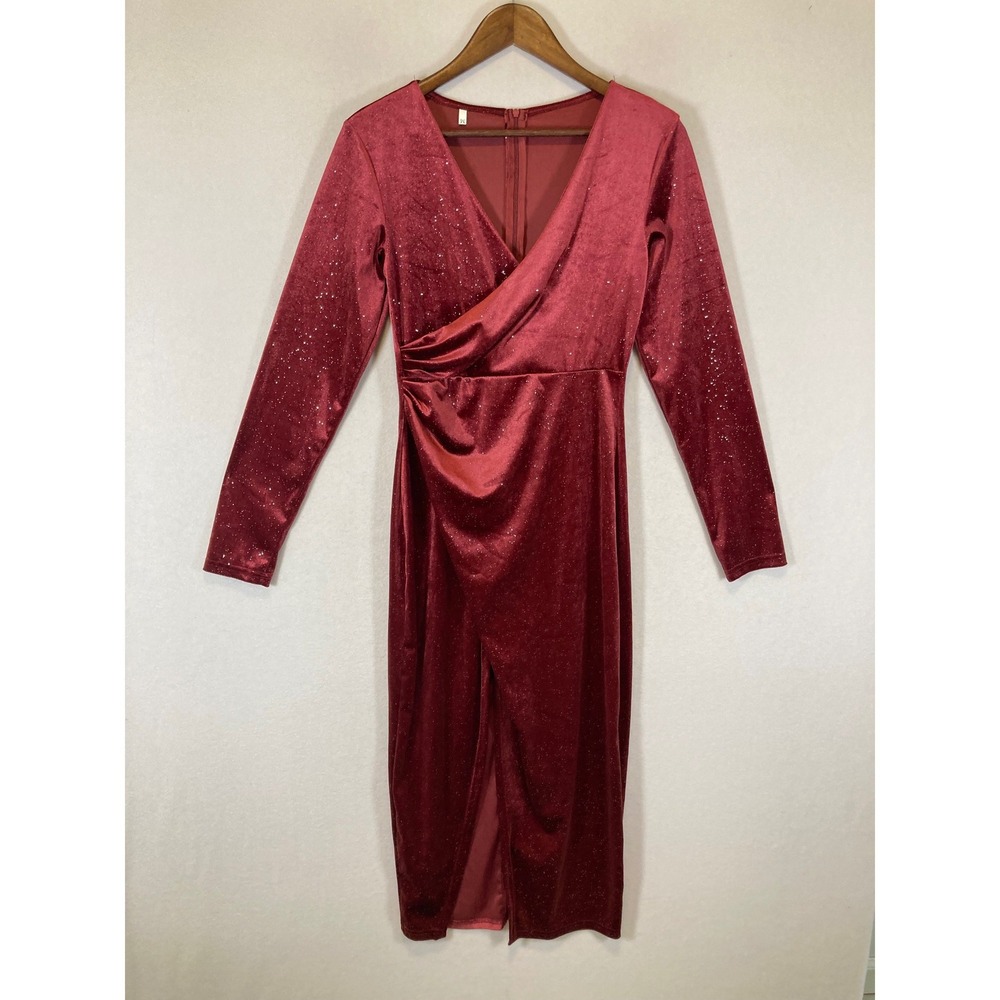 Holiday Glam Unbranded Women‎ Med Burgundy Shimmer Velvet Ruched Wrap Midi Dress